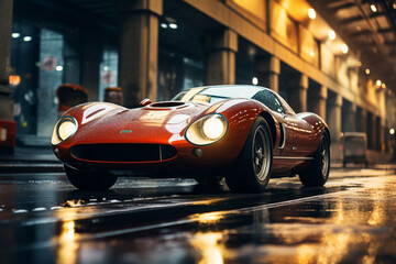 Red sport car on the road with motion blur. Long exposure.