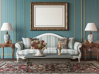 Vintage Blue Striped Living Room Adorned with a Grand Poster Frame, sofa bed, cushion, backrest pillow, scatter cushion