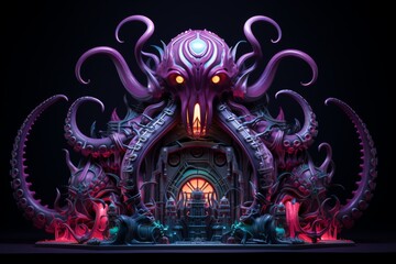 Obraz premium Craft a clay sculpture depicting a colossal, robotic kraken emerging from a neon-lit