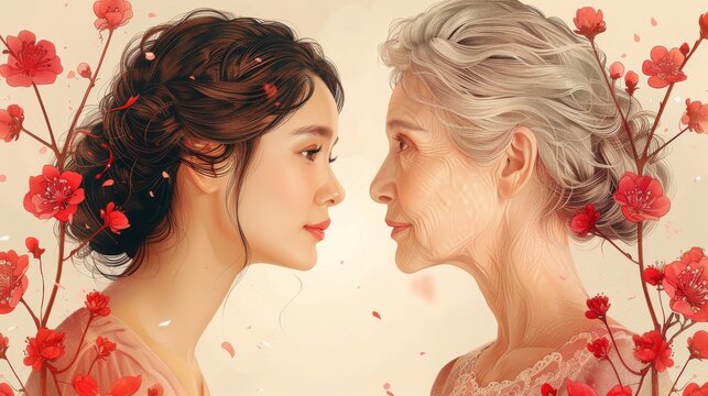 Modern illustration of a beautiful senior mom and her adult daughter. A hand drawn style modern design illustration.