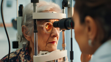 Senior woman test and checking glaucoma with optometrist or ophthalmologist. Senior woman patient having an eye exam - obrazy, fototapety, plakaty