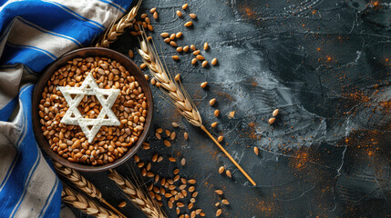 Wheat ears, freshly baked bread in the form of six-pointed star on stone background for Jewish holiday Shavuot.	