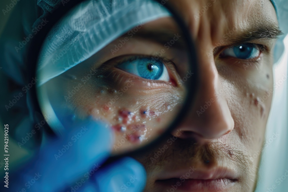 Poster close up of a person using a magnifying glass. great for educational or investigative concepts