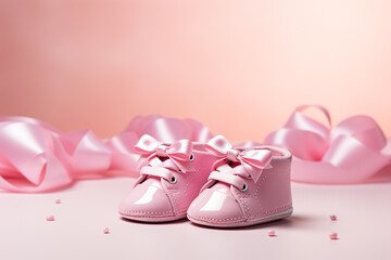 Pink baby shoes on pastel pink background with copy space for text