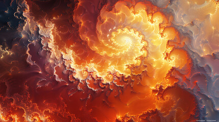 Visualize a fractal pattern inspired by the Mandelbrot set, rendered in fiery colors of red, orange, and yellow to suggest a blazing inferno. - obrazy, fototapety, plakaty