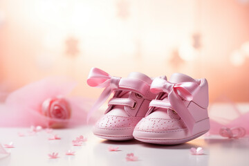 Pink baby shoes on pastel pink background with copy space for text