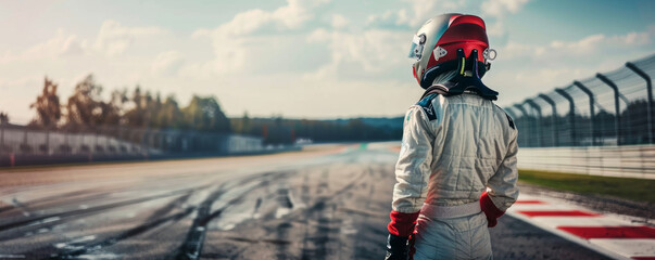 Race car driver gazing at track before competition - obrazy, fototapety, plakaty