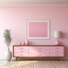 Pink interior with a pink chest of drawers. 3d render