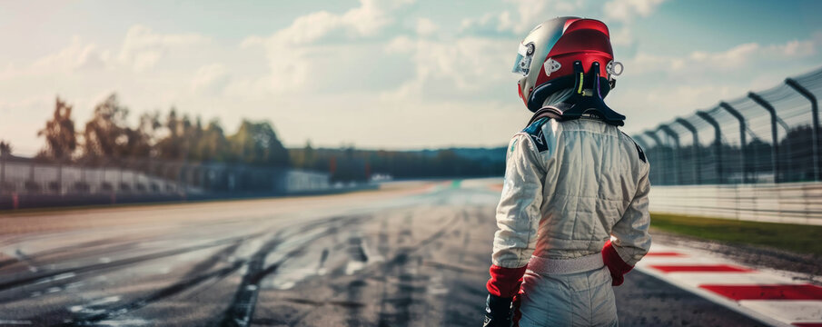 Race car driver gazing at track before competition