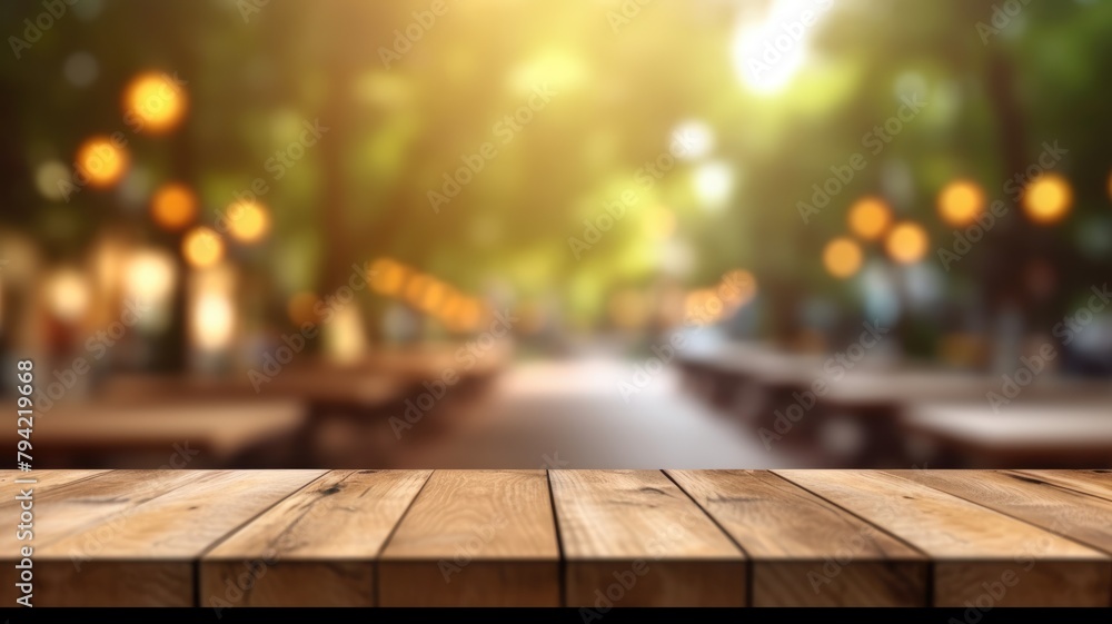 Poster the empty wooden table top with blur background of outdoor cafe at the street. exuberant image. gene