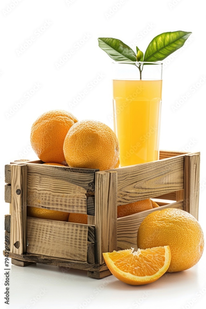 Poster a glass of orange juice next to a crate of oranges. great for food and beverage concepts