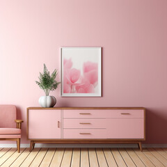 Pink interior with a pink chest of drawers. 3d render