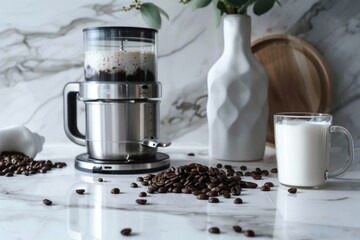 A blender sitting on a counter next to coffee beans. Perfect for kitchen and coffee-related designs
