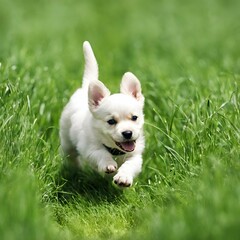 The cute puppy is running on the green grass. Happy life