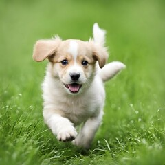 The cute puppy is running on the green grass. Happy life