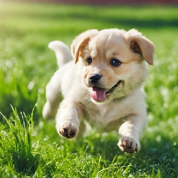 The cute puppy is running on the green grass. Happy life
