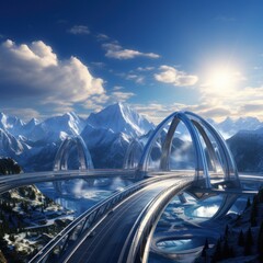 A modern and luxurious suspension bridge made with advanced technology for the future with a beautiful mountain backdrop