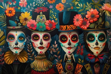Four artistic faces representing Day of the Dead celebration surrounded by floral background