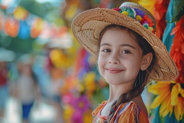 A young girl poses sweetly with a straw hat adorned with colorful flowers at a cultural event