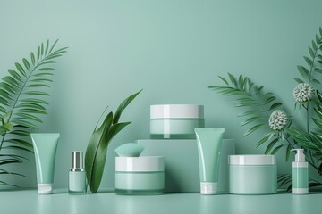 A display of various beauty products arranged on a green background - obrazy, fototapety, plakaty