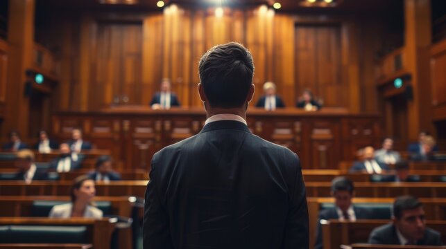 A man in a suit stands in front of a panel of lawmakers passionately advocating for strong counterterrorism measures that also uphold the fundamental rights of all individuals. .