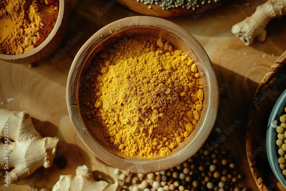 Aufkleber A collection of different types of spices in a wooden bowl. Perfect for culinary concepts