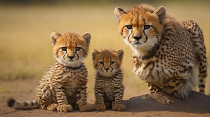 cheetah and two cheetah cubs