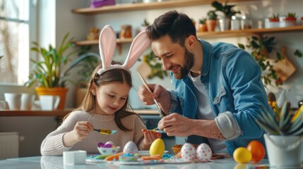 A man and a little girl painting colorful Easter eggs. Suitable for Easter holiday concepts