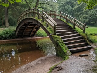A bridge over a river with a wooden railing. The bridge is covered in moss and has a wooden staircase. The bridge is surrounded by trees and the water is calm