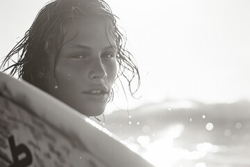 Portrait of a young surfer boy with surf board on a beach.