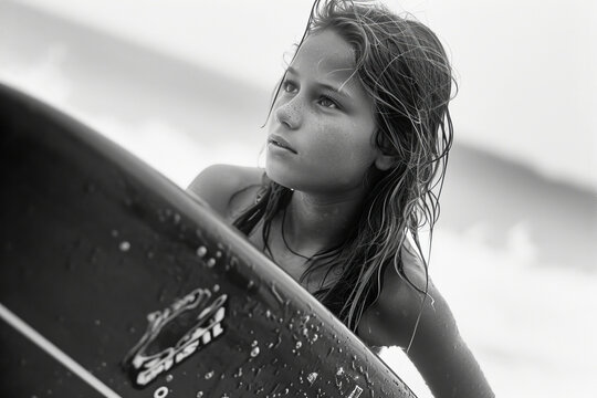 Portrait of a young surfer girl with surf board on a beach.