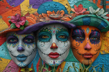 A colorful graffiti wall depicting three faces in Day of the Dead makeup