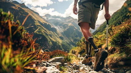 Brave hiker with prosthetic legs, backpack and trekking poles overcomes mountain trail, embodying resilience and strength. Active lifestyle with disability, movement perseverance, adventure, travel