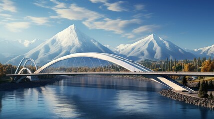 A modern and luxurious suspension bridge with a contemporary style made with super strong steel cables that can withstand all weather against a beautiful mountain backdrop - obrazy, fototapety, plakaty