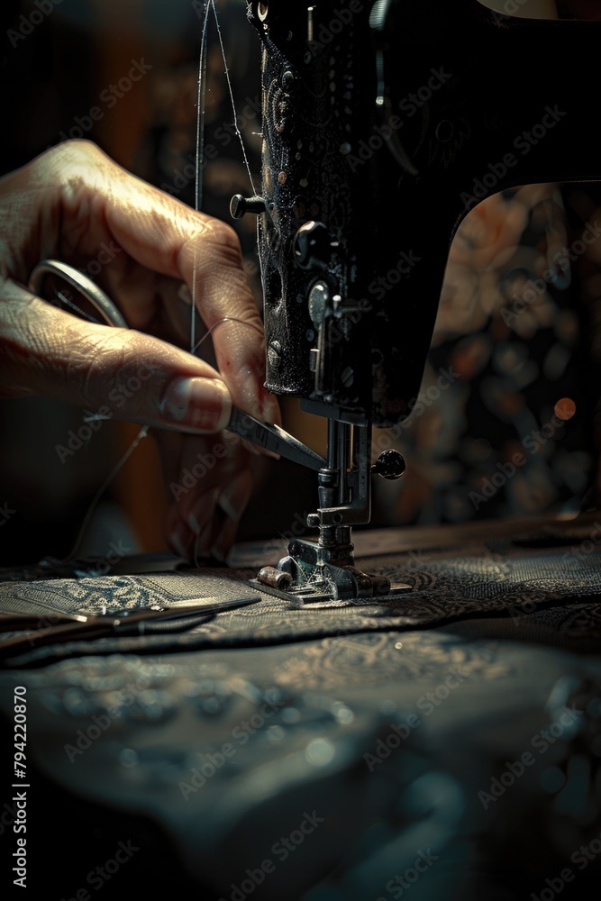 Poster person using a sewing machine, suitable for crafting projects