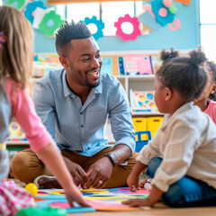 Preschool teacher with children at kindergarten.