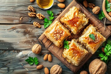 Fototapeta premium A variety of food items displayed on a wooden cutting board. Perfect for food-related designs