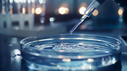 Close up pipetting sample into a petri dish in laboratory, Biomedical research. Laboratory and development concept
