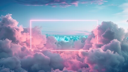 Neon glowing rectangular frame on the background with sky and clouds