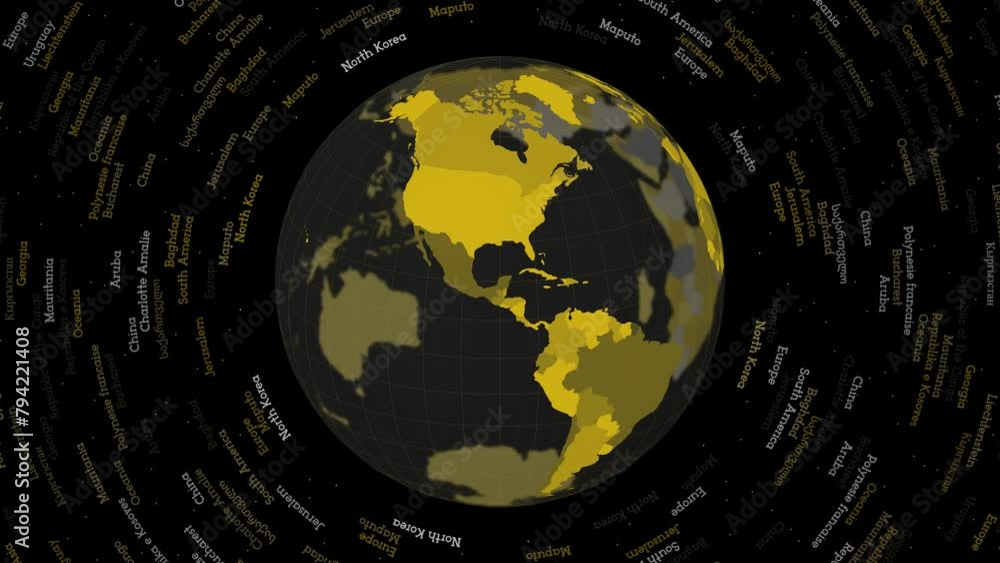 Poster rotating globe. dark translucent globe with round geographical names text. attractive spinning plane
