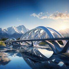 A modern and luxurious suspension bridge made with advanced technology for the future with a beautiful mountain backdrop - obrazy, fototapety, plakaty