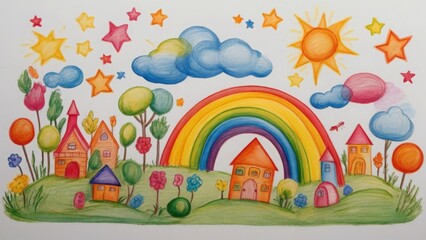 Children's drawings with colored pencils Rainbow sun houses - 794221631