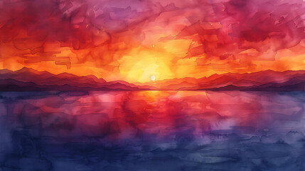 Visualize a vibrant sunset in a watercolor wash style, featuring warm tones of orange, red, and deep purple.