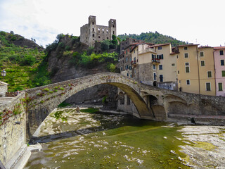Scenic view of famous Castle Castello dei doria and ancient roman bridge ponte vecchio over river...
