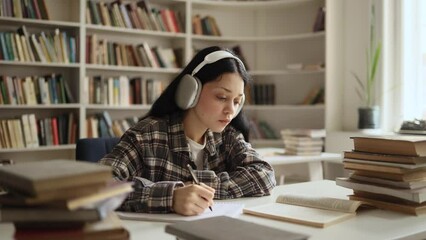Pretty young woman student with headphones listening to music while writes notes for essay study for class preparing for exams test make research for project using books at university library