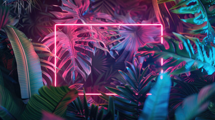 Neon glowing rectangular frame on the background with tropical leaves and flowers