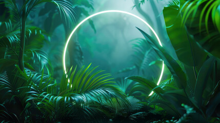 Neon glowing round circle frame on the background with tropical leaves and flowers