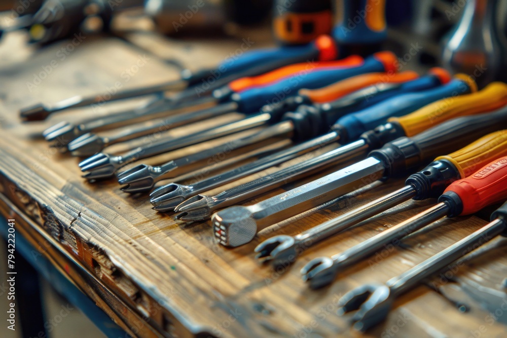 Poster various tools arranged neatly on a wooden table, suitable for diy projects or construction themes