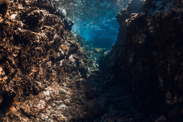 Underwater scene with rocks, corals and sun light. Tropical blue sea