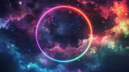Neon glowing round circle frame on space background with stars